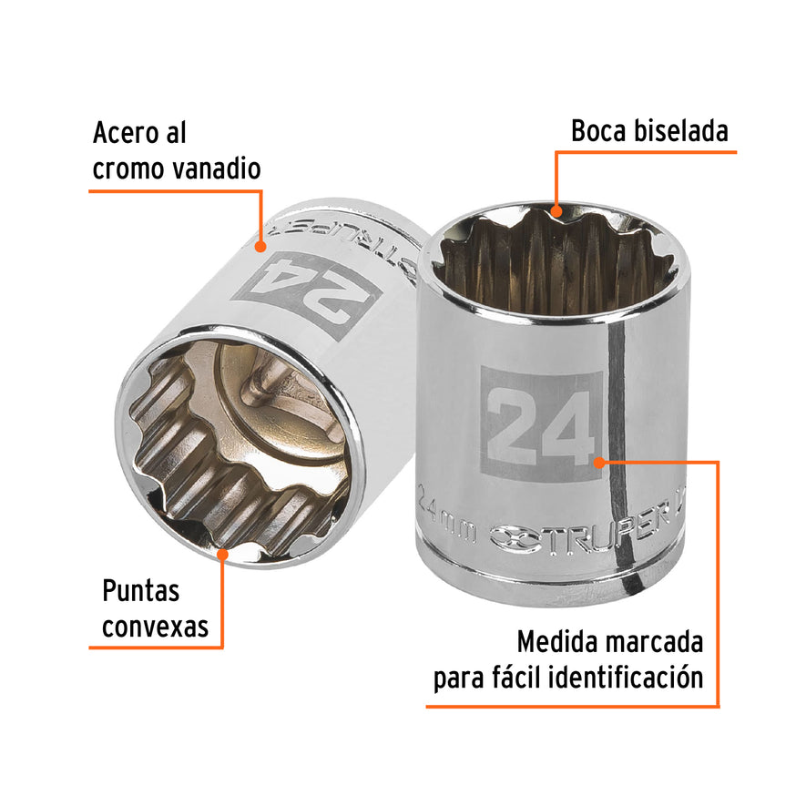 Dado de 24 mm, 12 puntas, cuadro 1/2', Truper Caja con 6, 13538