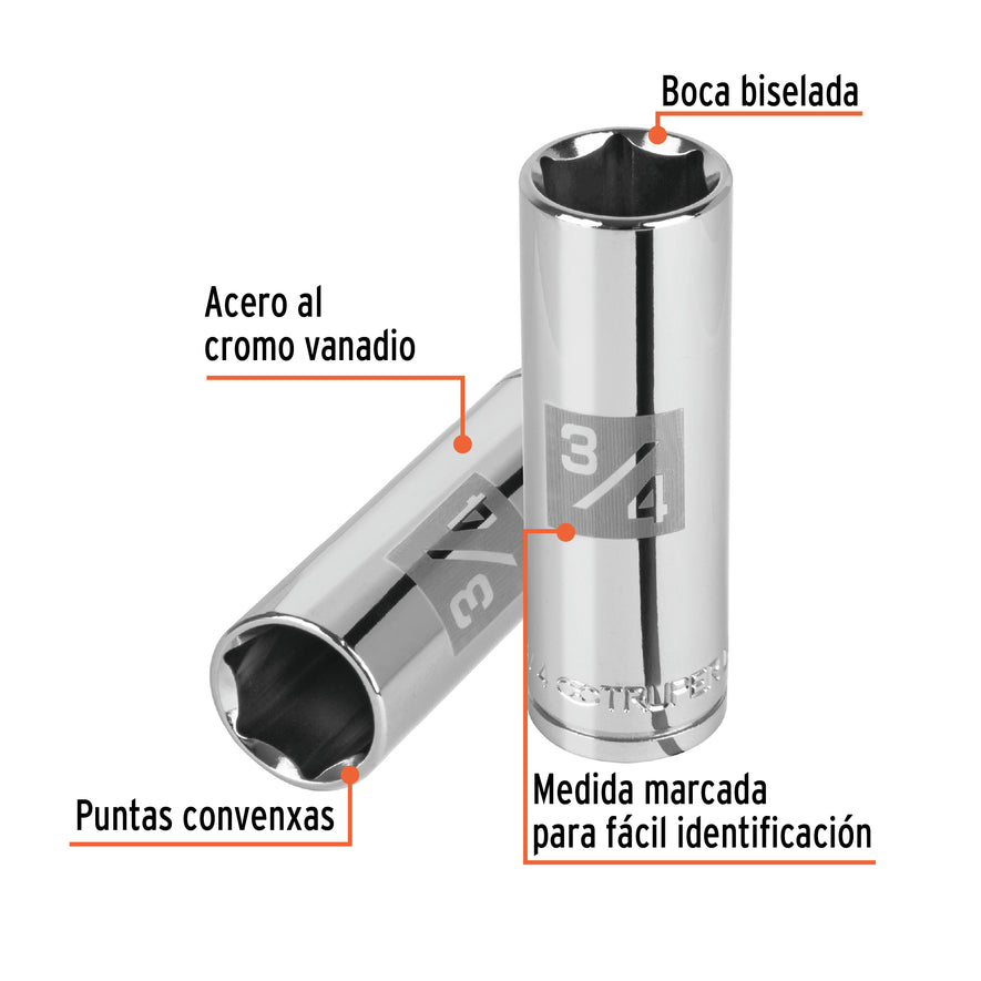Dado largo de 3/4', 6 puntas, cuadro 1/2', Truper Caja con 6, 13329