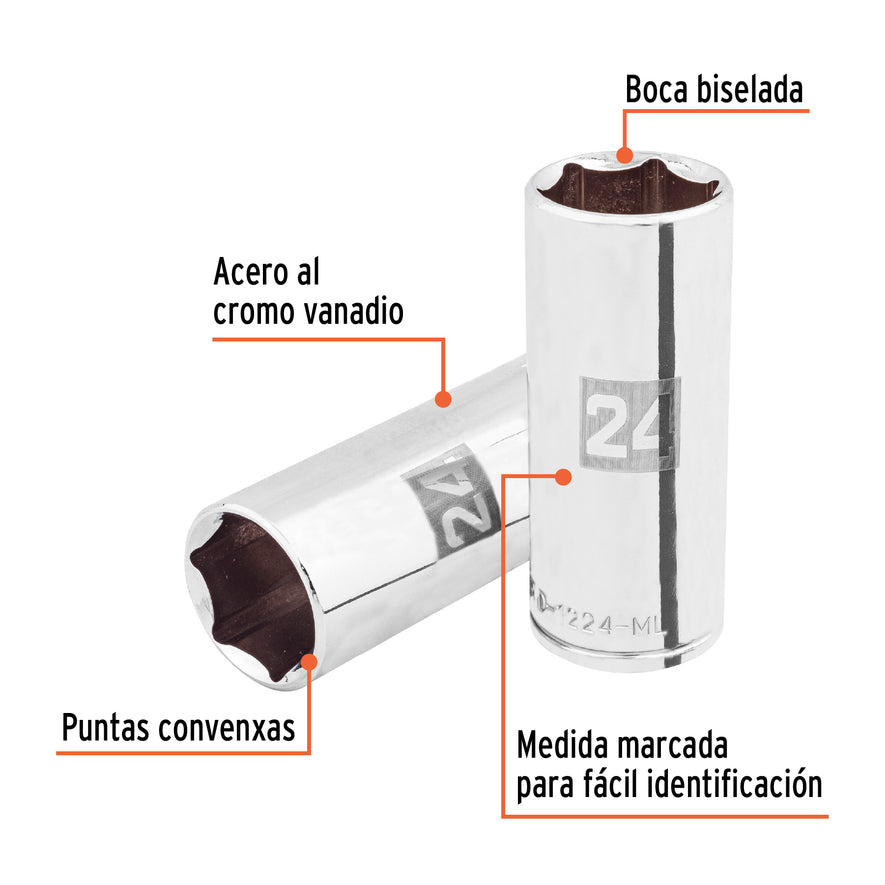 Dado largo de 24 mm, 6 puntas, cuadro 1/2', Truper Caja con 6, 101012