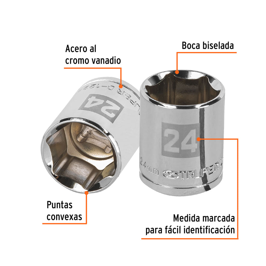 Dado de 24 mm, 6 puntas, cuadro 1/2', Truper Caja con 6, 13274