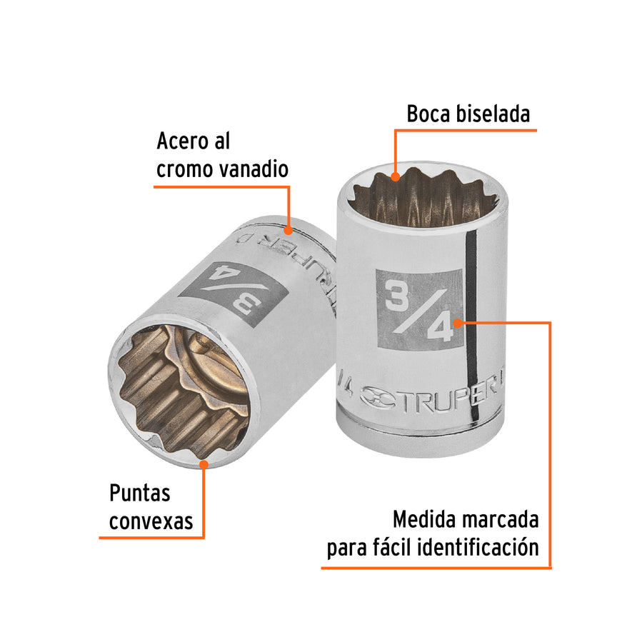 Dado de 3/4', 12 puntas, cuadro 1/2', Truper Caja con 6, 13306