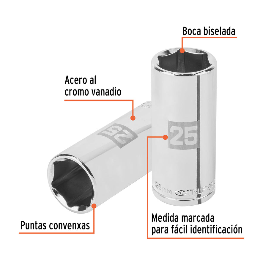 Dado largo de 25 mm, 6 puntas, cuadro 1/2', Truper Caja con 6, 101013