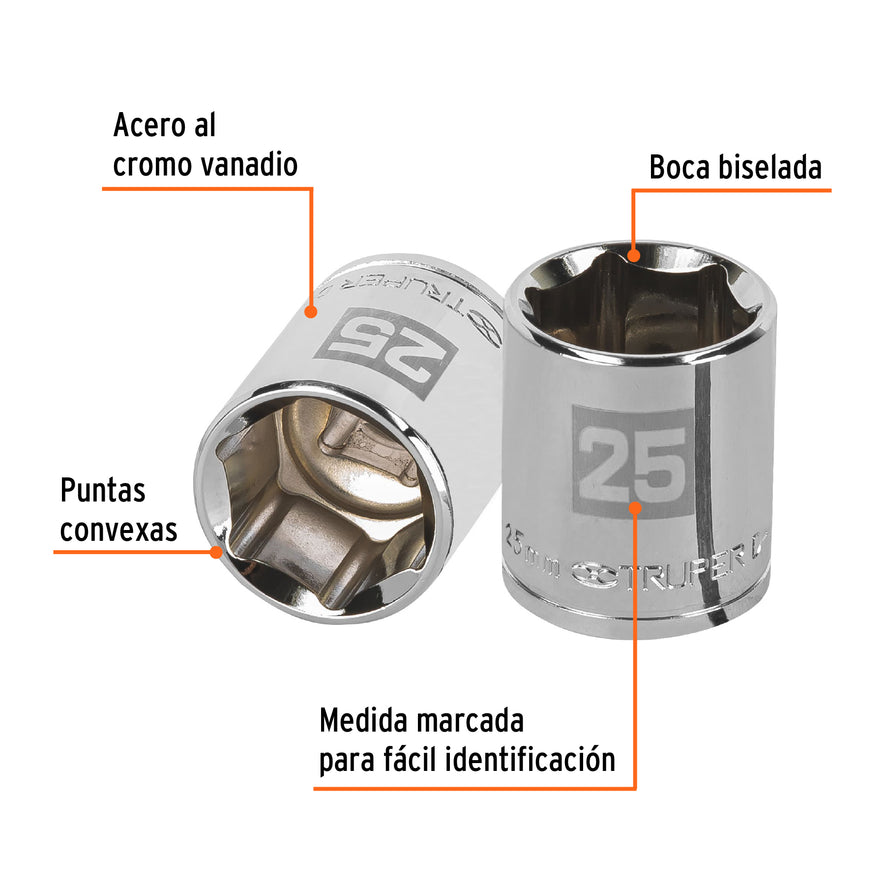 Dado de 25 mm, 6 puntas, cuadro 1/2', Truper Caja con 6, 13275