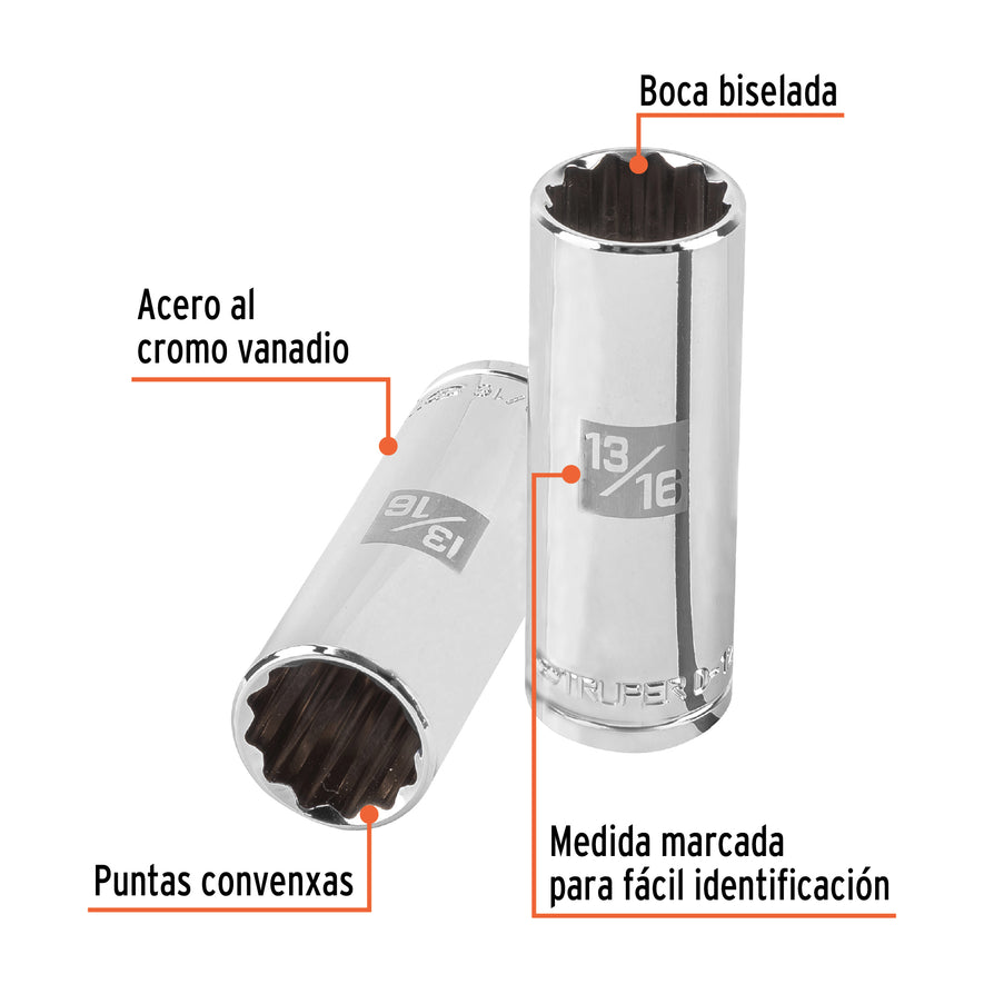 Dado largo de 13/16', 12 puntas, cuadro 1/2', Truper Caja con 6, 13367