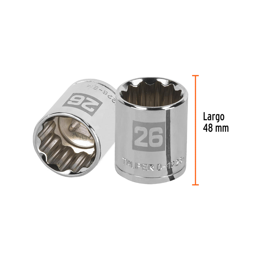 Dado de 26 mm, 12 puntas, cuadro 1/2', Truper Caja con 6, 13540