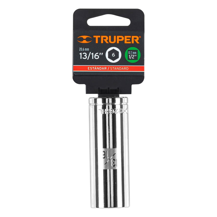 Dado largo de 13/16', 6 puntas, cuadro 1/2', Truper Caja con 6, 13330