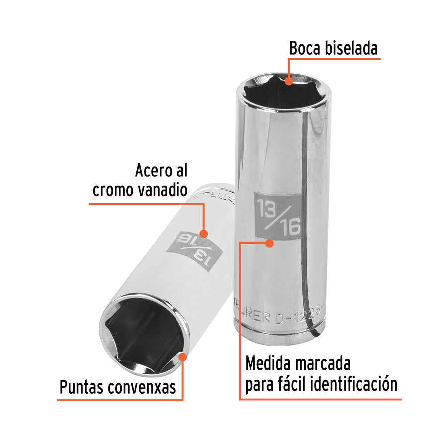 Dado largo de 13/16', 6 puntas, cuadro 1/2', Truper Caja con 6, 13330