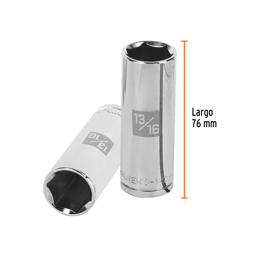 Dado largo de 13/16', 6 puntas, cuadro 1/2', Truper Caja con 6, 13330