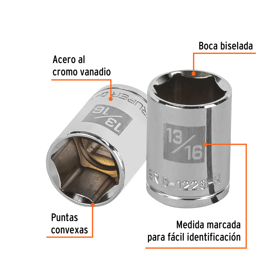 Dado de 13/16', 6 puntas, cuadro 1/2', Truper Caja con 6, 13237