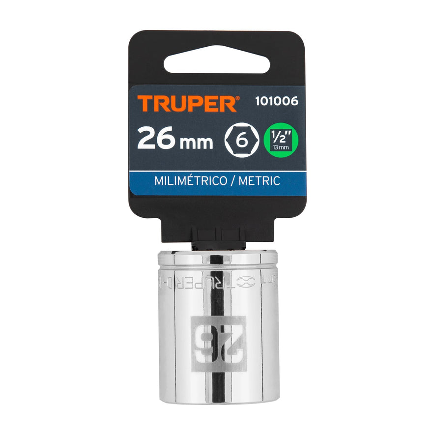 Dado de 26 mm, 6 puntas, cuadro 1/2', Truper Caja con 6, 101006