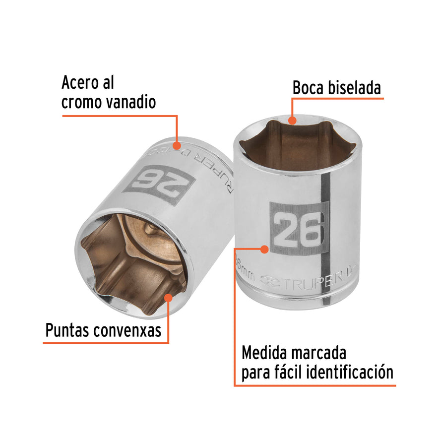 Dado de 26 mm, 6 puntas, cuadro 1/2', Truper Caja con 6, 101006