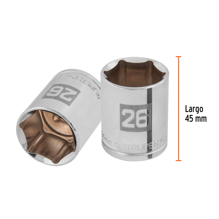 Dado de 26 mm, 6 puntas, cuadro 1/2', Truper Caja con 6, 101006