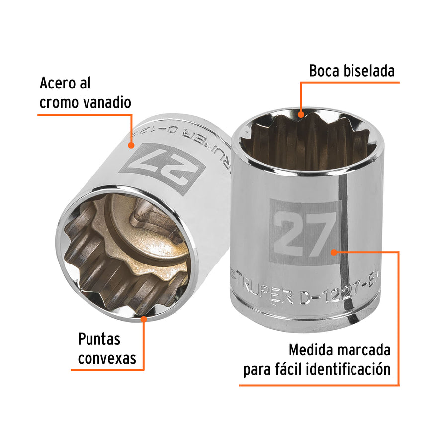 Dado de 27 mm, 12 puntas, cuadro 1/2', Truper Caja con 6, 13541