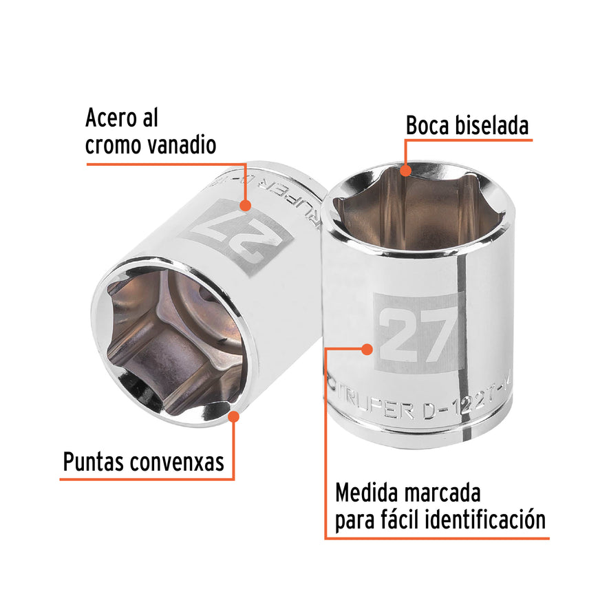 Dado de 27 mm, 6 puntas, cuadro 1/2', Truper Caja con 6, 101007