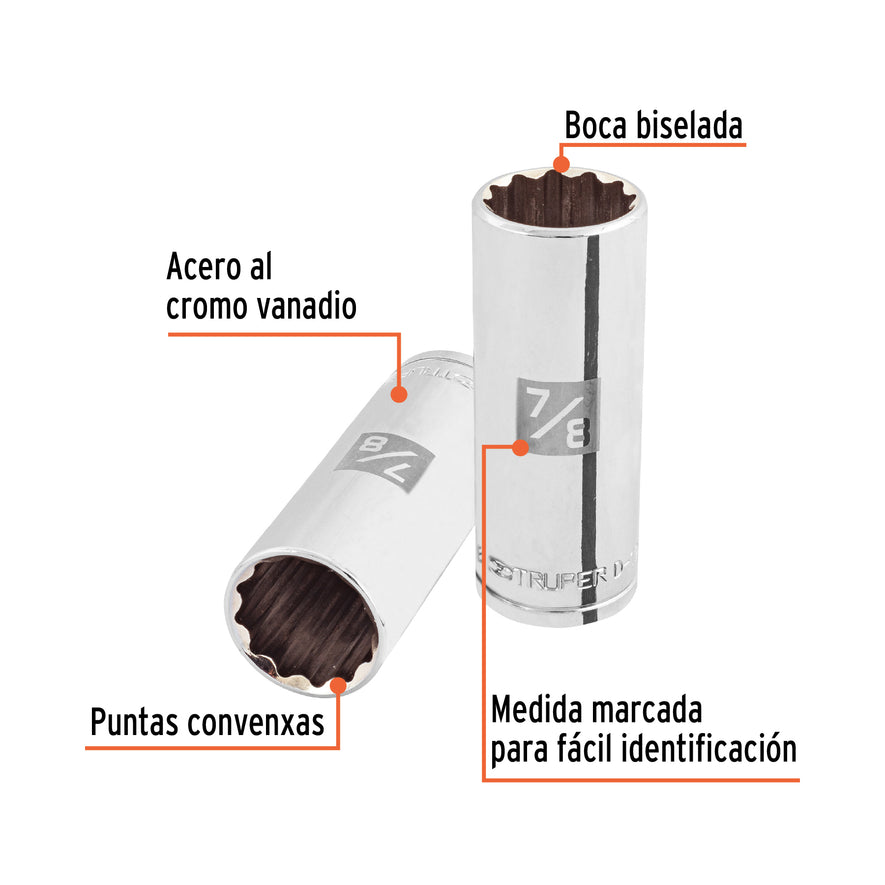 Dado largo de 7/8', 12 puntas, cuadro 1/2', Truper Caja con 6, 13368
