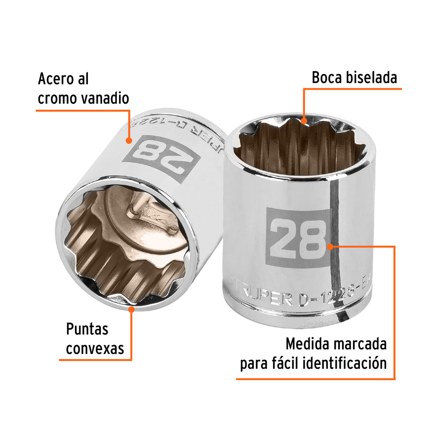 Dado de 28 mm, 12 puntas, cuadro 1/2', Truper Caja con 6, 13542