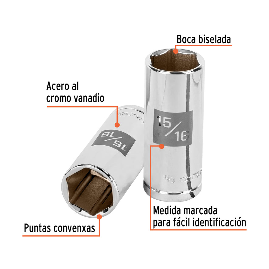 Dado largo de 15/16', 6 puntas, cuadro 1/2', Truper Caja con 6, 13332