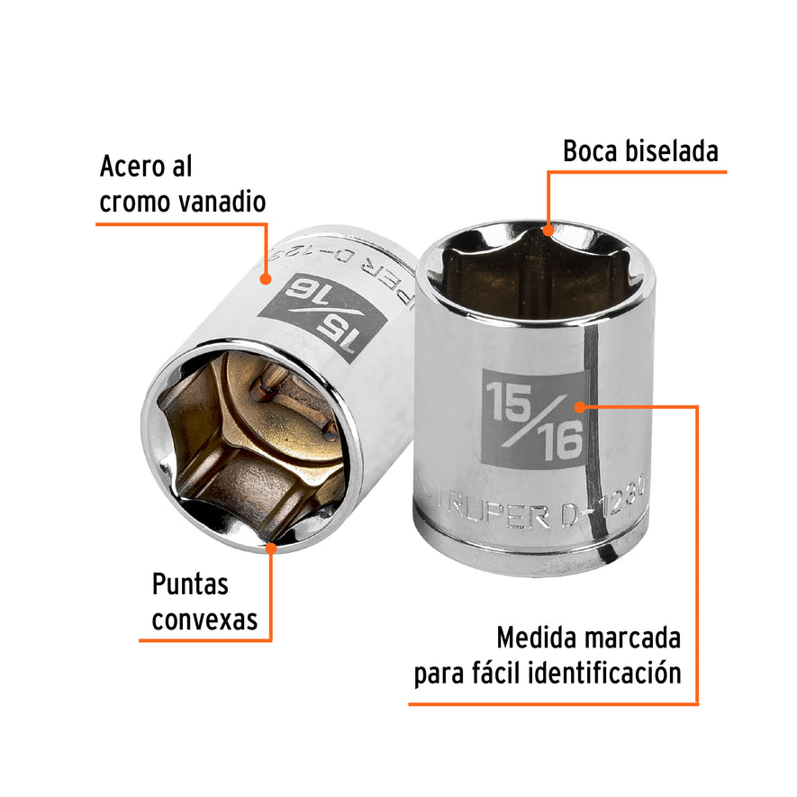 Dado de 15/16', 6 puntas, cuadro 1/2', Truper Caja con 6, 13239