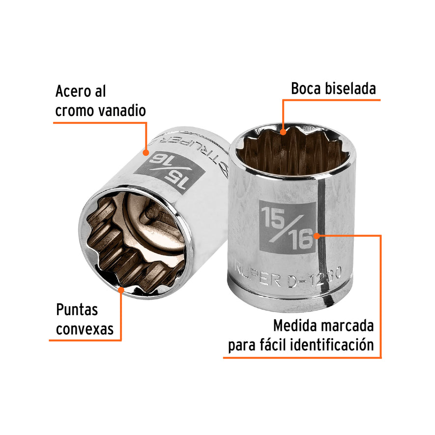 Dado de 15/16', 12 puntas, cuadro 1/2', Truper Caja con 6, 13309