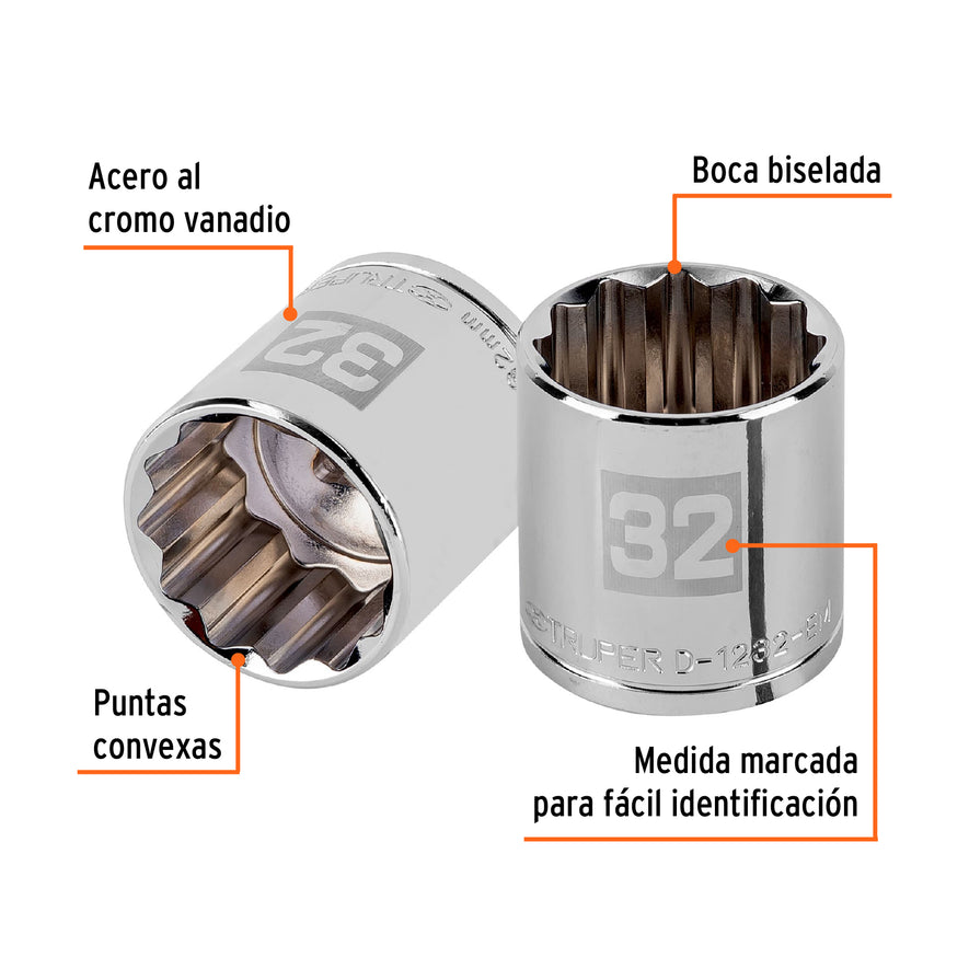 Dado de 32 mm, 12 puntas, cuadro 1/2', Truper Caja con 6, 13545
