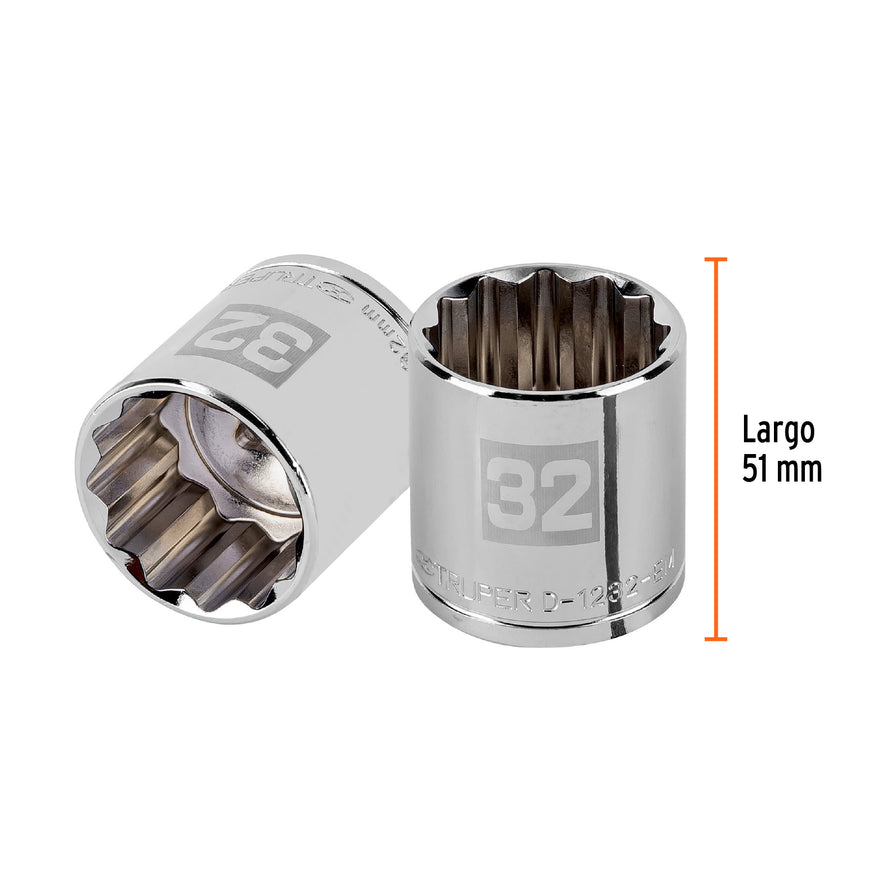 Dado de 32 mm, 12 puntas, cuadro 1/2', Truper Caja con 6, 13545