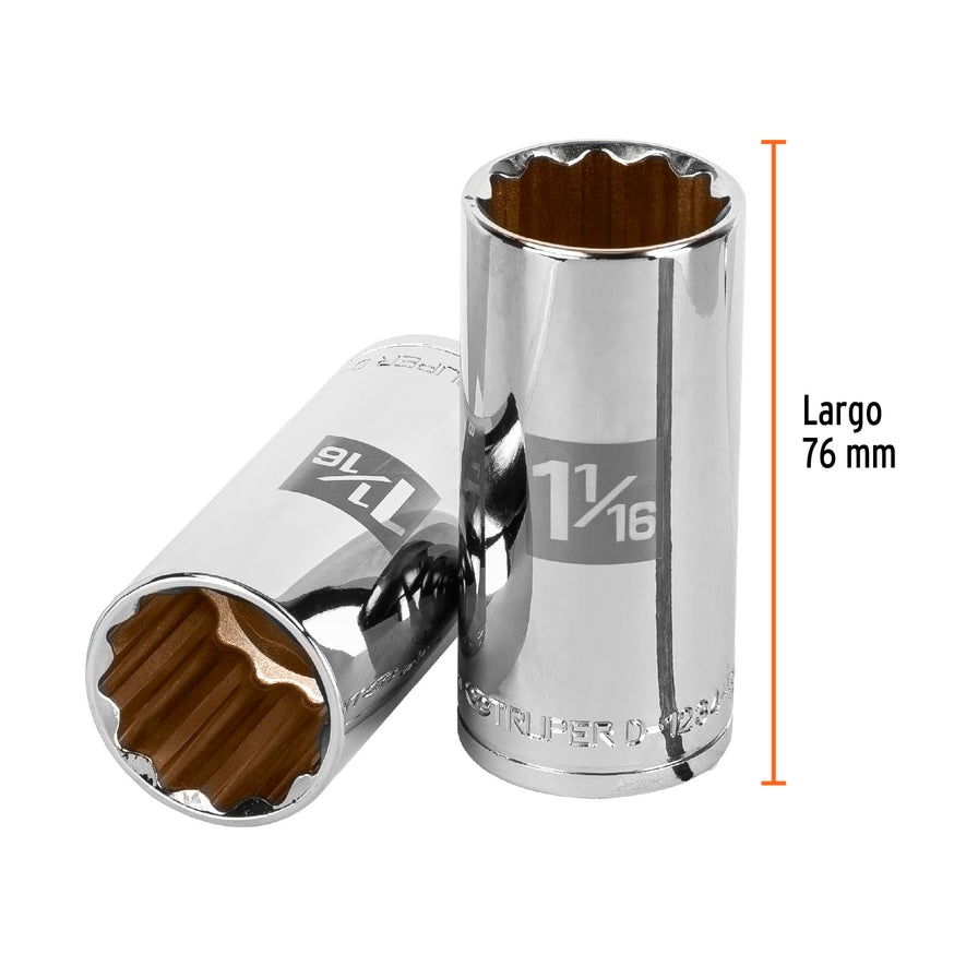 Dado largo de 1-1/16', 12 puntas, cuadro 1/2', Truper Caja con 6, 13371