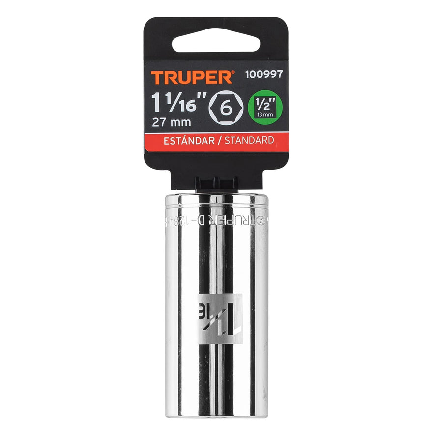 Dado largo de 1-1/16', 6 puntas, cuadro 1/2', Truper Caja con 6, 100997