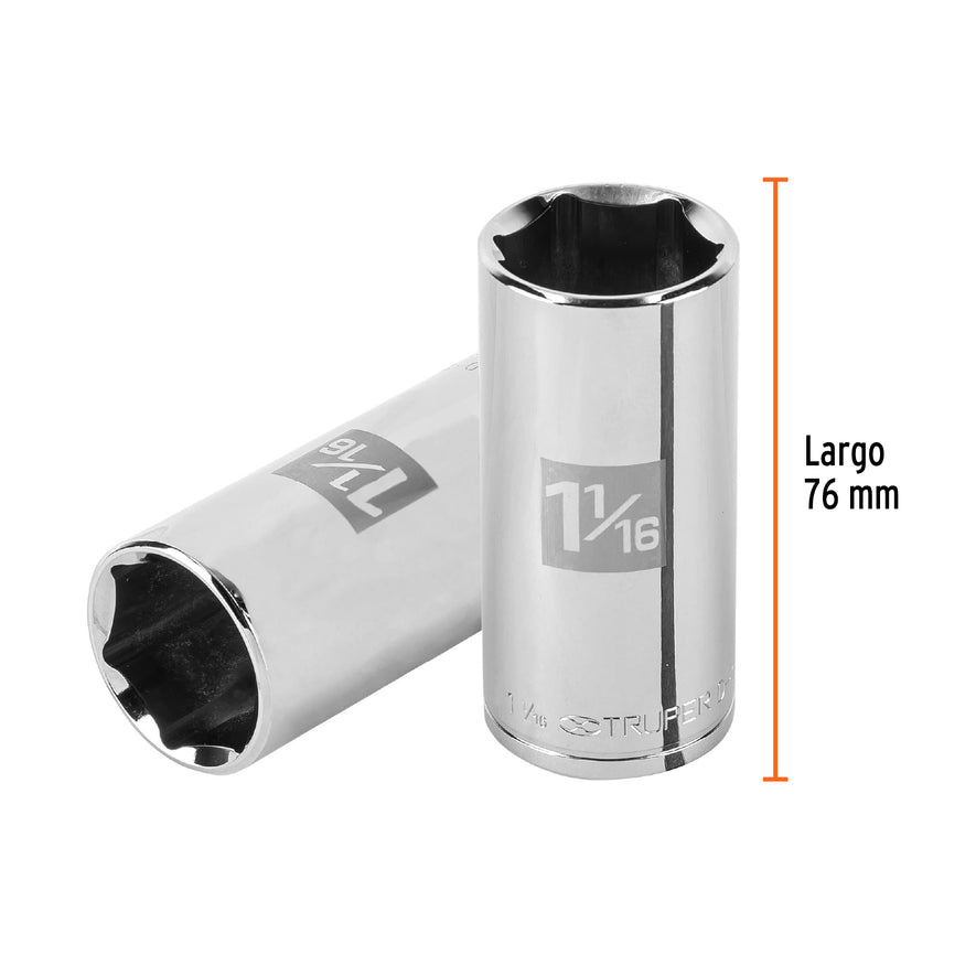 Dado largo de 1-1/16', 6 puntas, cuadro 1/2', Truper Caja con 6, 100997