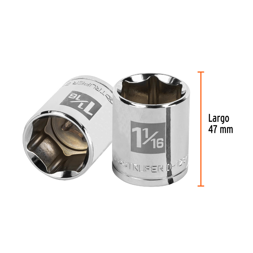 Dado de 1-1/16', 6 puntas, cuadro 1/2', Truper Caja con 6, 13241