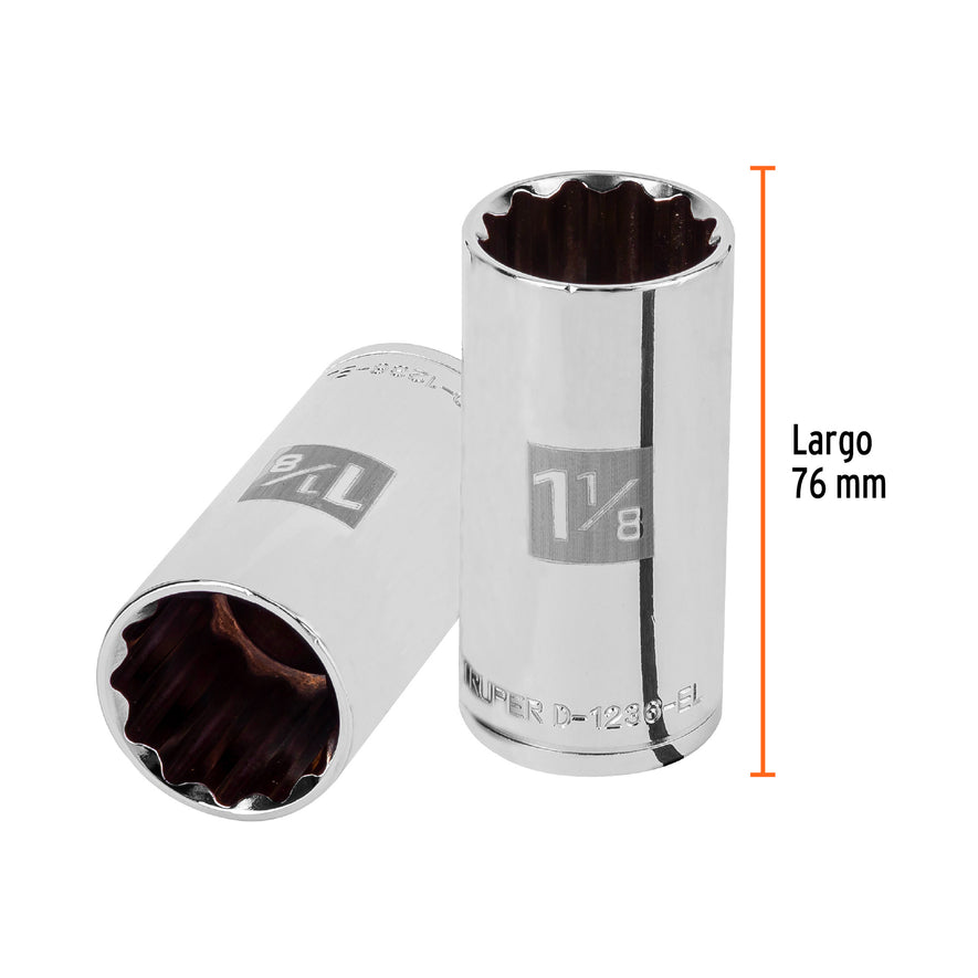 Dado largo de 1-1/8', 12 puntas, cuadro 1/2', Truper Caja con 6, 13372