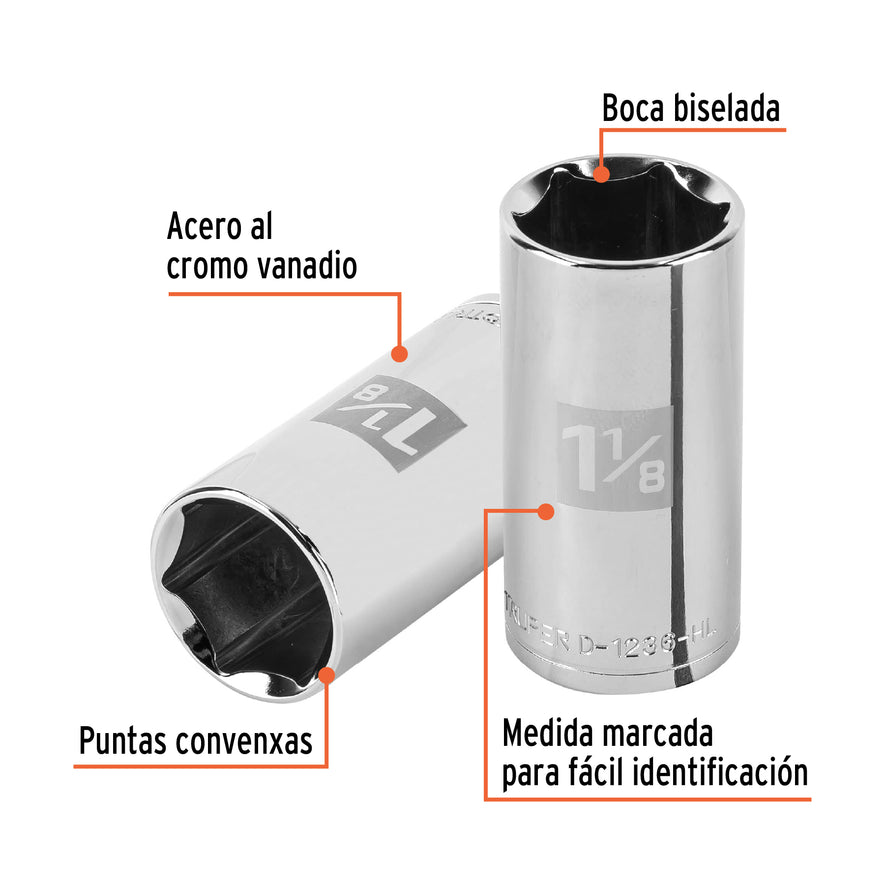 Dado largo de 1-1/8', 6 puntas, cuadro 1/2', Truper Caja con 6, 100998
