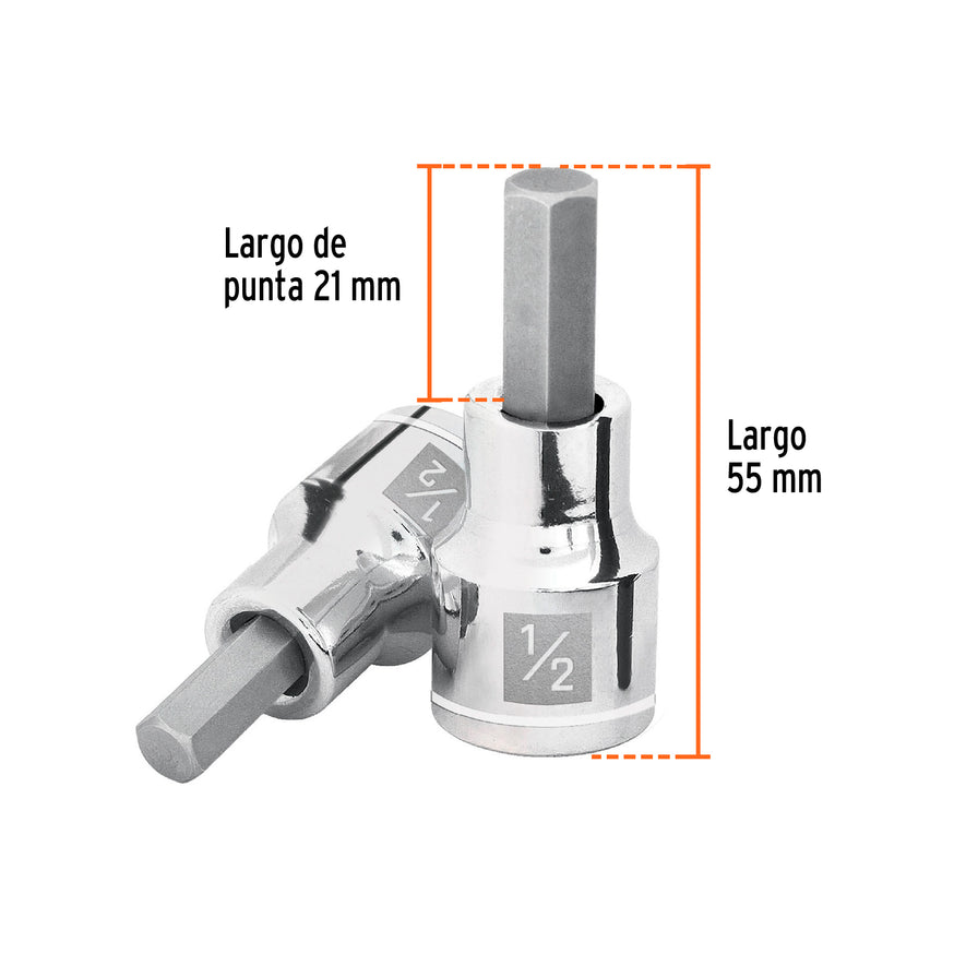 Dado punta hexagonal de 1/2', cuadro 1/2', Truper Caja con 6, 13255