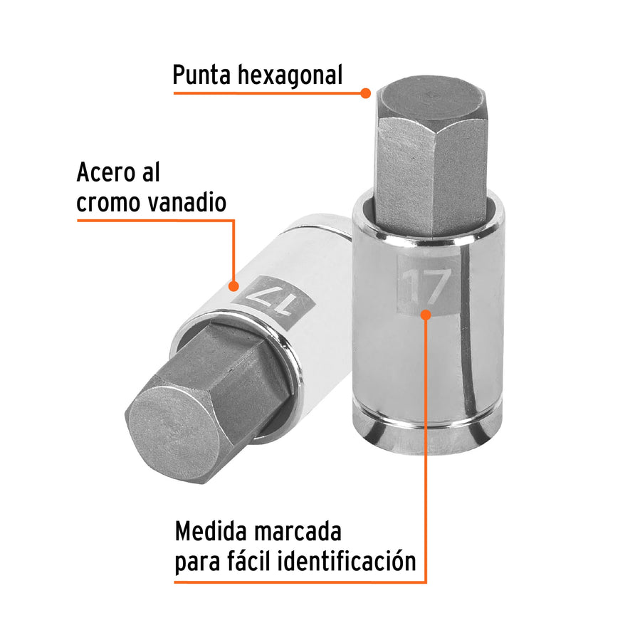 Dado punta hexagonal de 17 mm, cuadro 1/2', Truper Caja con 6, 13286