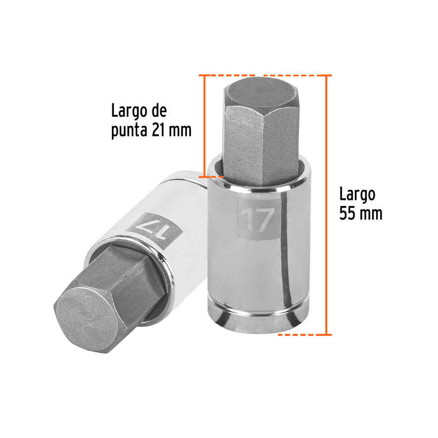 Dado punta hexagonal de 17 mm, cuadro 1/2', Truper Caja con 6, 13286