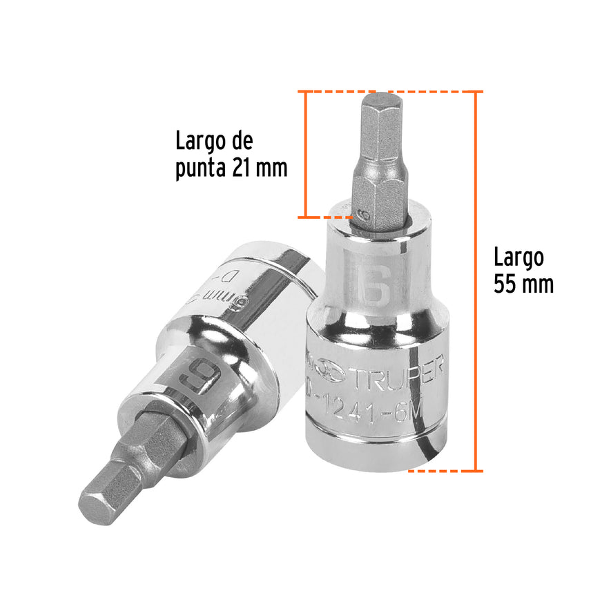 Dado punta hexagonal de 6 mm, cuadro 1/2', Truper Caja con 6, 13281