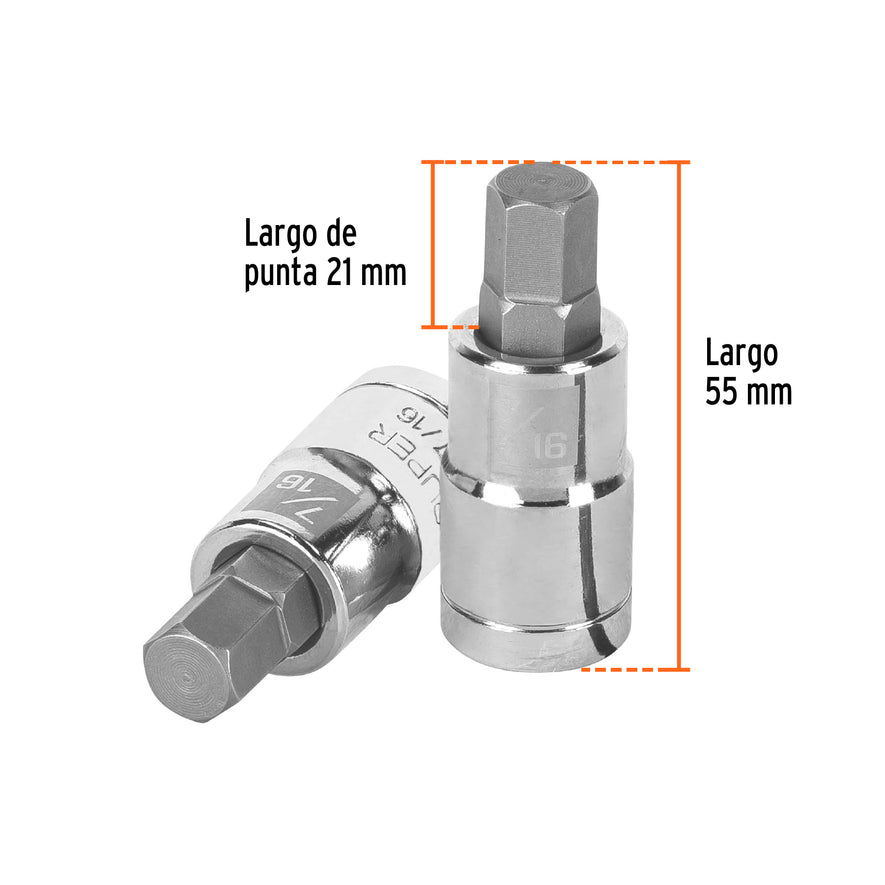 Dado punta hexagonal de 7/16', cuadro 1/2', Truper Caja con 6, 13254