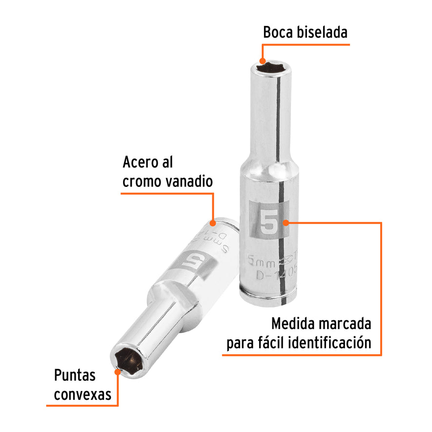 Dado largo de 5 mm, 6 puntas, cuadro 1/4', Truper Caja con 6, 100969