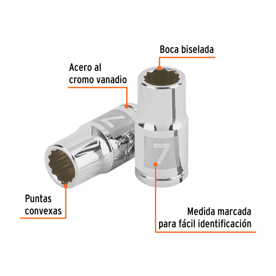 Dado de 7 mm, 12 puntas, cuadro 1/4', Truper Caja con 6, 100979