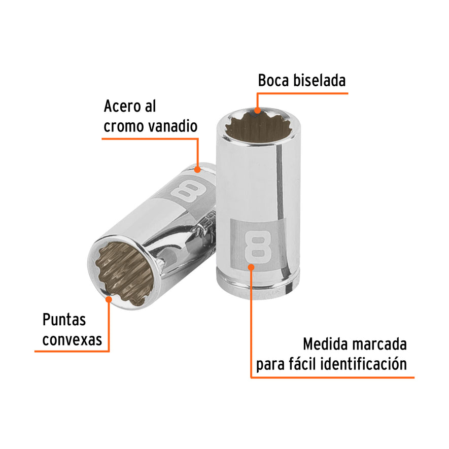 Dado de 8 mm, 12 puntas, cuadro 1/4', Truper Caja con 6, 100980