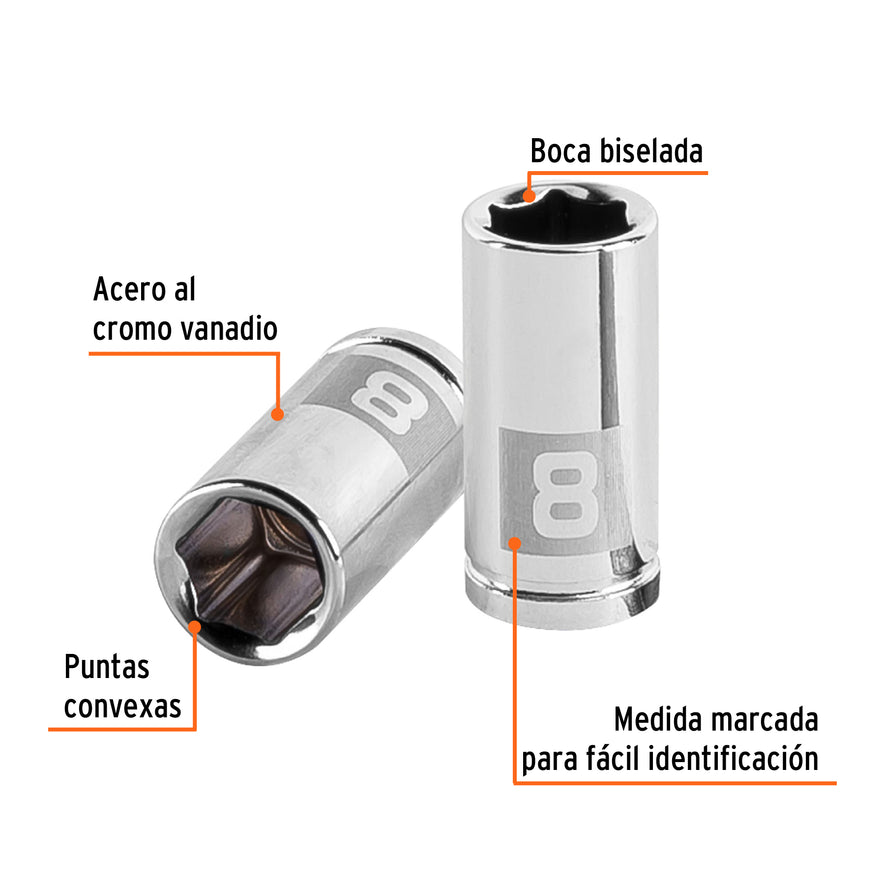 Dado de 8 mm, 6 puntas, cuadro 1/4', Truper Caja con 6, 13170