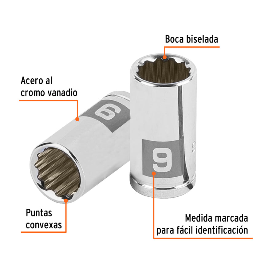 Dado de 9 mm, 12 puntas, cuadro 1/4', Truper Caja con 6, 100981