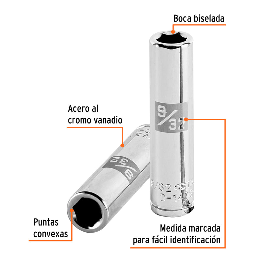 Dado largo de 9/32', 6 puntas, cuadro 1/4', Truper Caja con 6, 13183