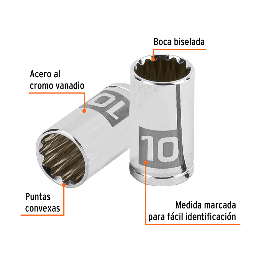 Dado de 10 mm, 12 puntas, cuadro 1/4', Truper Caja con 6, 100982