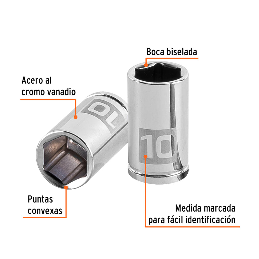 Dado de 10 mm, 6 puntas, cuadro 1/4', Truper Caja con 6, 13172