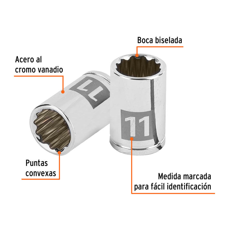 Dado de 11 mm, 12 puntas, cuadro 1/4', Truper Caja con 6, 100984