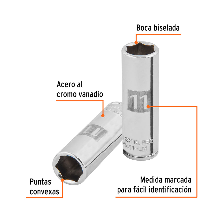 Dado largo de 11 mm, 6 puntas, cuadro 1/4', Truper Caja con 6, 13205