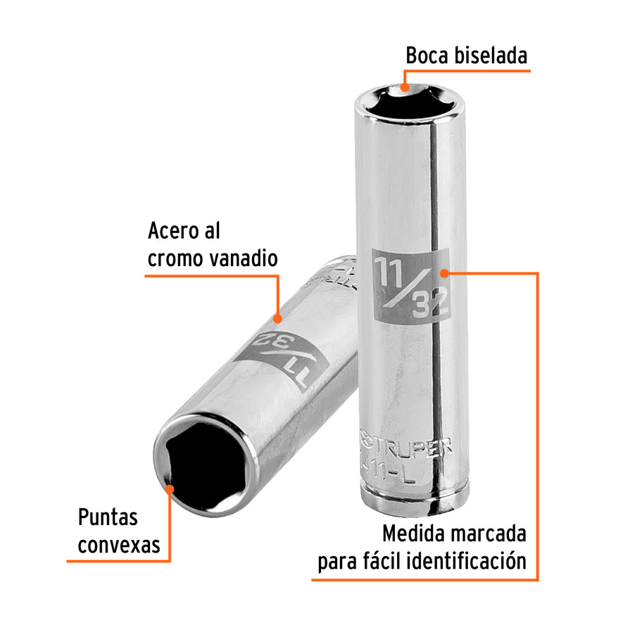 Dado largo de 11/32', 6 puntas, cuadro 1/4', Truper Caja con 6, 13185