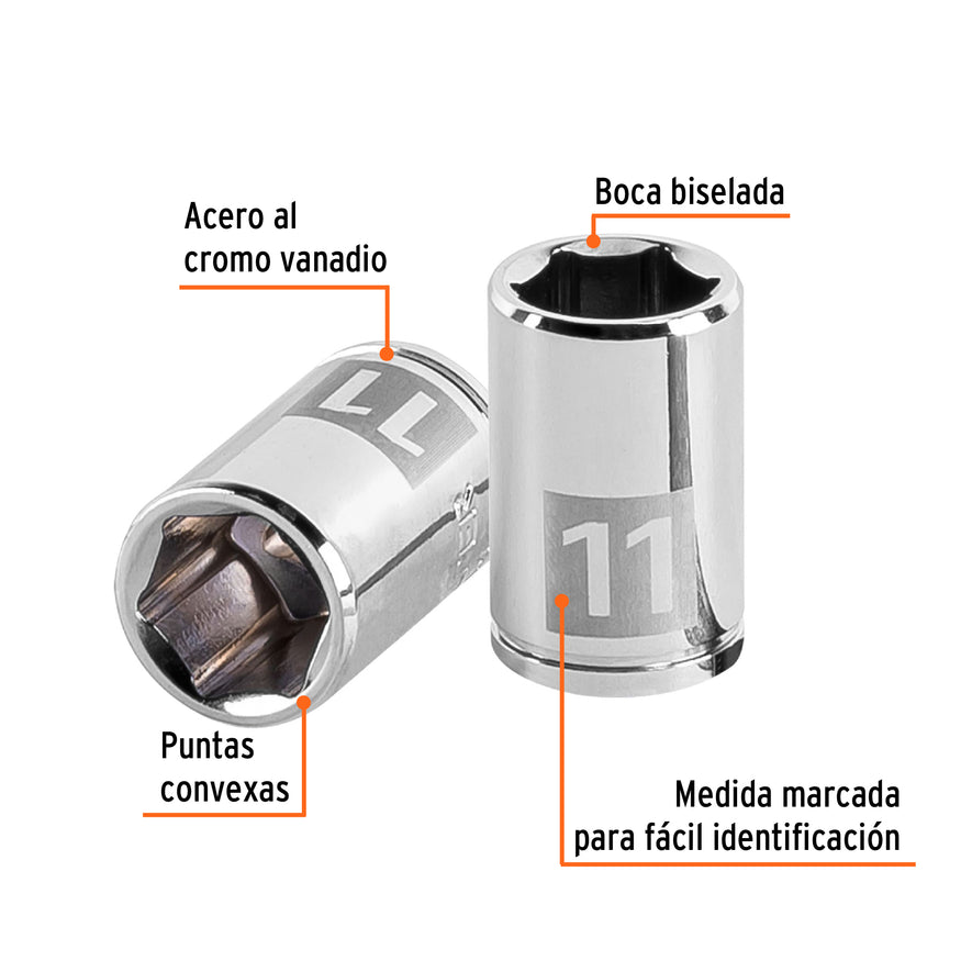 Dado de 11 mm, 6 puntas, cuadro 1/4', Truper Caja con 6, 13173