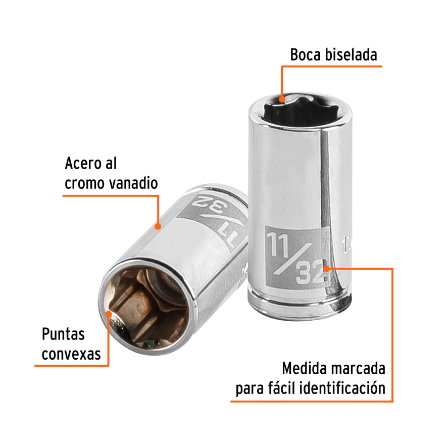 Dado de 11/32', 6 puntas, cuadro 1/4', Truper Caja con 6, 13159