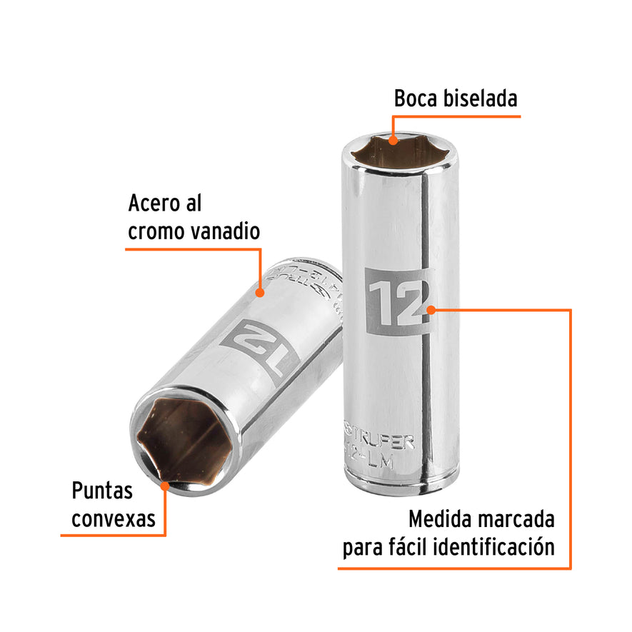 Dado largo de 12 mm, 6 puntas, cuadro 1/4', Truper Caja con 6, 13206